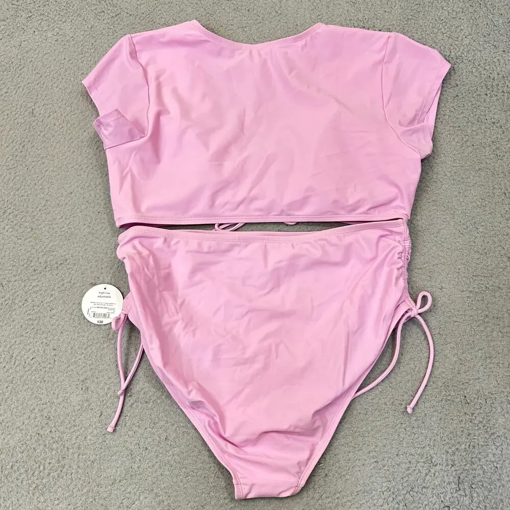Decree Bikini Swimsuit‎ Womens 1X Pink Full Coverage High Rise 2 Piece NEW
